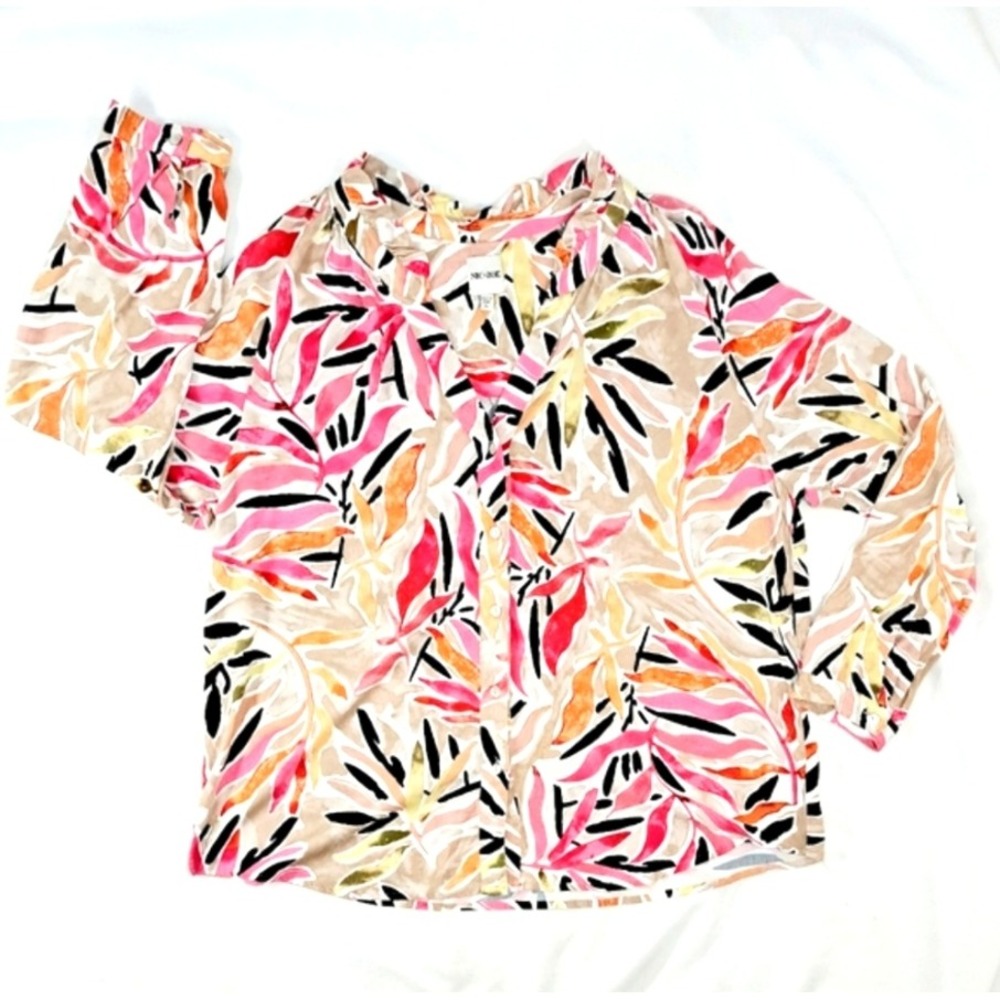 NIC+ZOE Colorful Tropical Leaf Pattern Button Down Tunic Blouse Sz Medium